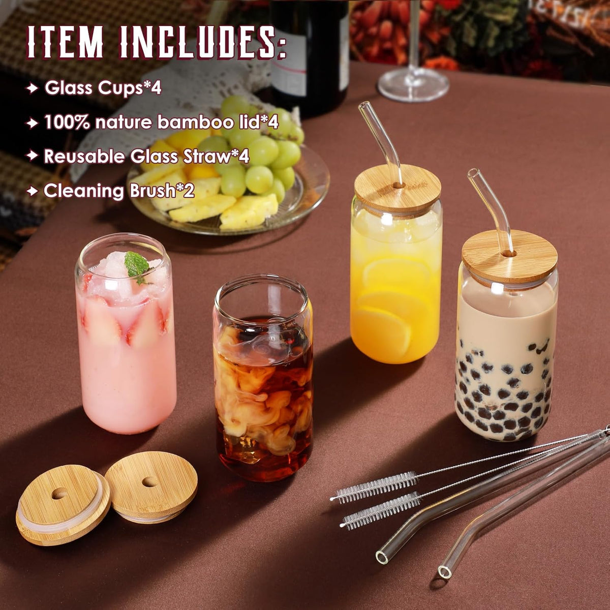 Drinking Glasses with Bamboo Lids and Glass Straw 4pcs Set - 16oz Glass Cups, Iced Coffee Glasses, Cute iced Tea Glasses, Beer Glasses, Ideal for Coffee Bar Accessories, Aesthetic Gift - 2 Brushes