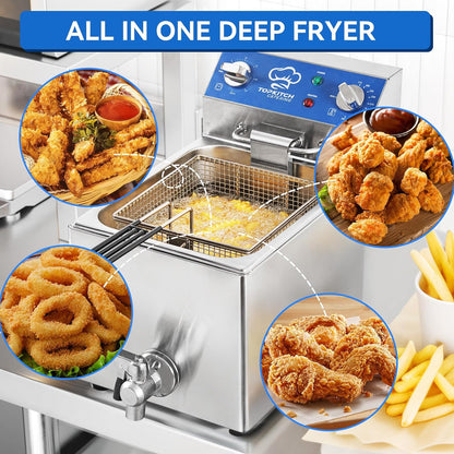 6.3Qt Electric Fryer with Oil Drain,30 Minutes Timer,Stretch forming oil tank,Lid and Solid Wire Mesh Basket,Light Duty Commercial Electric Countertop Deep Fryers-120V,1800W
