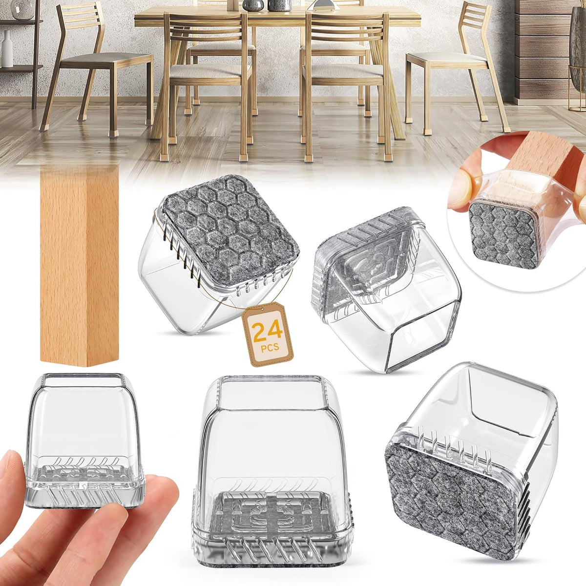 24PCS Square Chair Leg Floor Protectors, Furniture Sliders, Chair Leg Protectors for Hardwood Floors, Non-Slip Felt Furniture Pads, Silicone Cap Covers to Protect Floors, (Fit 0.75" - 1.1")