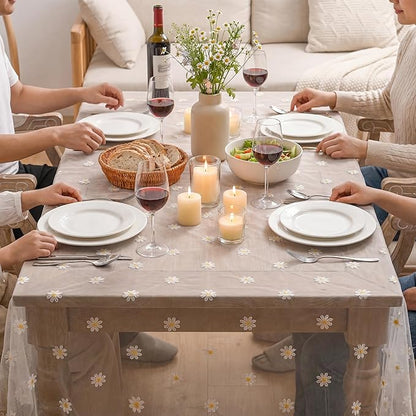 Horaldaily White Embroidery Daisy Spring Summer Gauze Tablecloth 52×70 Inch Rectangular, Seasonal Tulle Table Cover, Garden Party Decorations for Wedding, Party, Holiday Dining