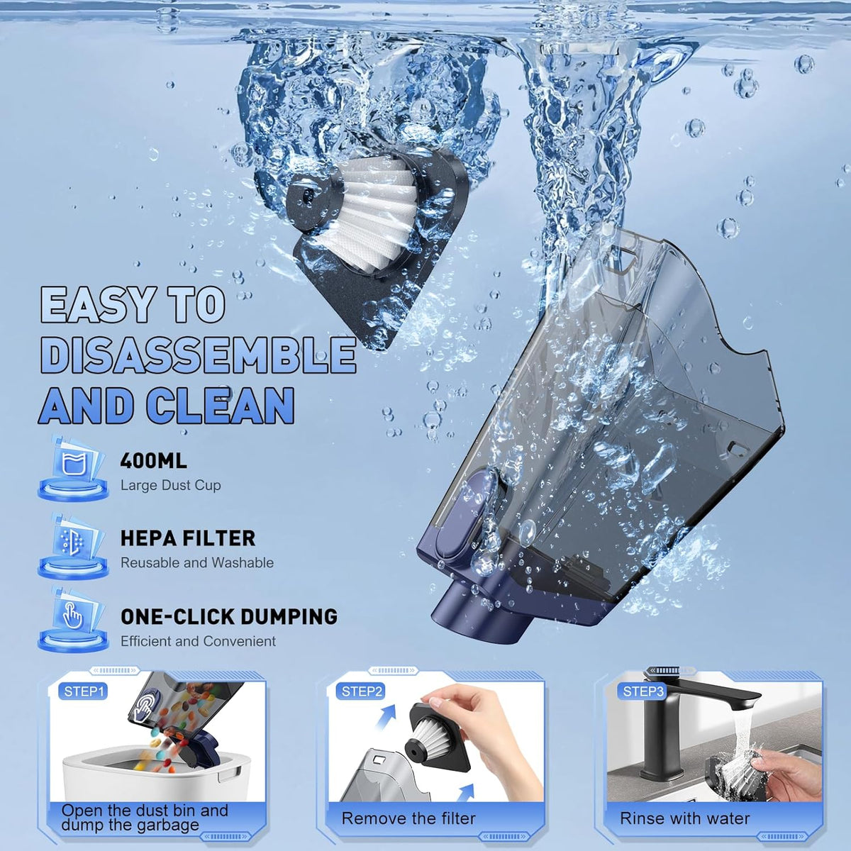 JONYJ Handheld Vacuum Cordless, 16000PA High Power Car Vacuum Cleaner, Portable Hand Held Vacuum Cleaner with LED Light & Multi-Nozzles, Dust Buster Rechargeable for Home, Car, Office, Pets
