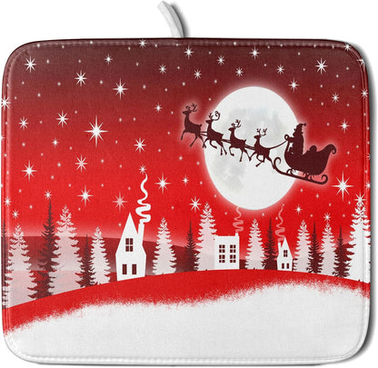 Christmas Reindeer Moon Star Red Dish Drying Mat for Kitchen Counter,White Xmas Tree Castle Drying Mat 16 x 18 Inch with Absorbent Reversible