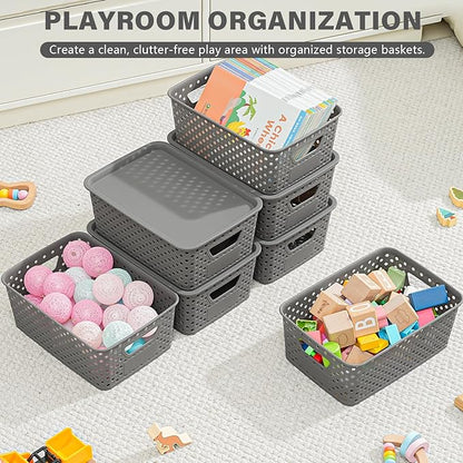 10 Pack Small Plastic Storage Bins with Lids, Stackable Plastic Storage Baskets for Organizing with Handles, Organizer Bins with Labels for Room,Craft,Containers for Pantry Organizers and Storage,Grey