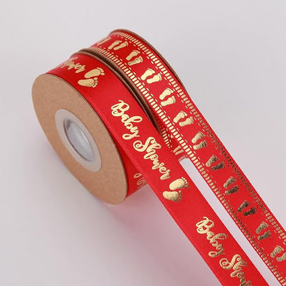 Meseey 20 Yards Baby Ribbon Foot Print Red and Gold Ribbons for Crafts Cake Baby Shower Birthday,Gift Wrapping, Party Decoration (red)