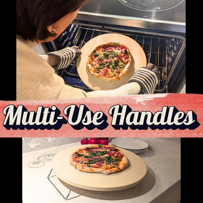 Round Pizza Stone for Oven 16 inch - Large Pizza Stone with Handles, Metal Pizza Peel, Pizza Cutter and Dough Tool - Baking Stone for Oven Bread
