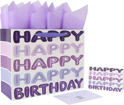 Qirrmiy 13'' Large Purple Happy Birthday Gift Bag Set with Handles, Greeting Card, Tissue Papers and Stickers for Women Girls Kids Teens, Words Design, 1 Pcs