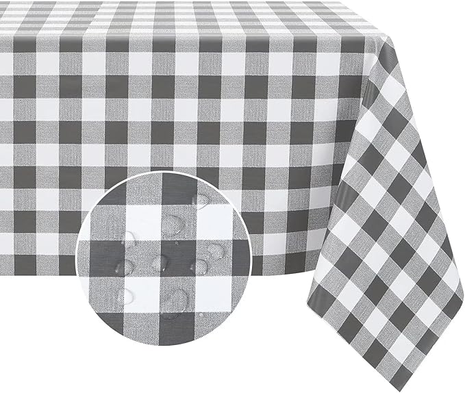 Romanstile Rectangle Vinyl Tablecloth, 100% Waterproof Buffalo Gingham Plastic Table Cloth, Heavy Duty Wipeable Checkered Table Covers for Outdoor, Camping, Picnic, Patio - 60 x 84, Grey and White