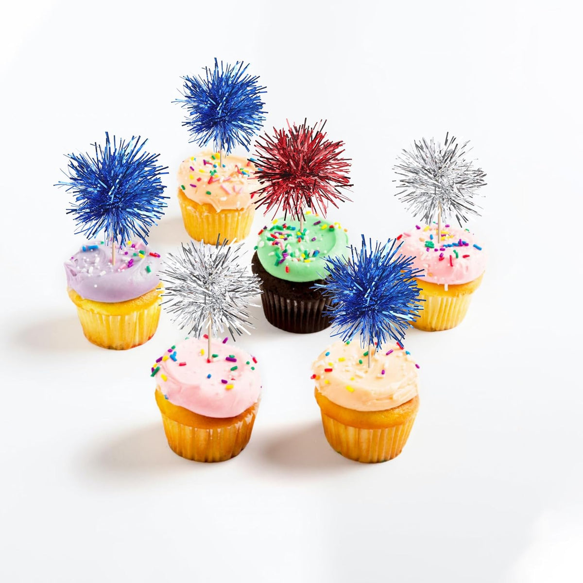 30 PCS Foil Firework Cupcake Toppers Sparkle Tinsel Cupcakae Picks 4th of July Decorations Cocktail Fruit Toothpick for Fireworks Theme Birthday Wedding Graduation Party Decor Supplies Blue Red Silver