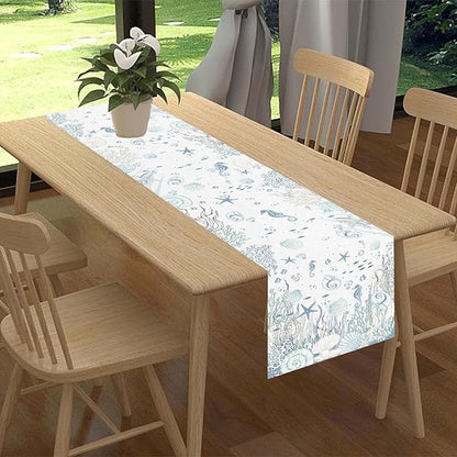 Summer Coastal Table Runner, Watercolor Starfish Seahorse Seashells Blue Coral Nautical Tropical Ocean Beach Farmhouse Table Center Decor for Kitchen Dining Patio Party Indoor Outdoor, 13"x36" Inch
