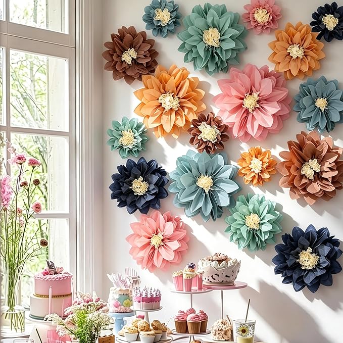 Geyee 18 Pcs Mexican Paper Flowers Colorful Fiesta Tissue Paper Flowers Pom Poms Mexican Carnival for Floral Party Backdrop Wedding Birthday Party Craft(Boho Color,6" 8" 10")