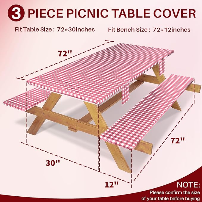 Fitted Picnic Table Cover with Bench Covers Elastic Waterproof Outdoor Camping Tablecloth for 6 Foot Rectangle Tables Camper Summer Accessories Rv Car Essentials Vacation Gifts for Men Women
