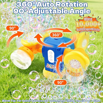 Rechargeable Bubble Machine for Kids, Dual Switch Control, Automatic 360° Rotation & 90° Adjustable Bubble Blower Maker with LED Lights Indoor Outdoor Toy Gift for Birthday Wedding Parties