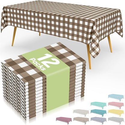 Smiry 12 Packs Gingham Disposable Table Cloth, 54 x 108 Inch Waterproof Plastic Tablecloth, Rectangle Brown and White Checkered Table Covers for Picnic, Birthday, Party