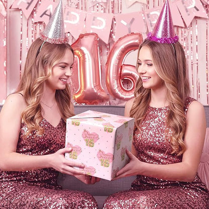 WERNNSAI Sweet 16 Birthday Wrapping Paper - 1 Roll 17”x 33ft Happy Birthday Wrapping Paper Pink Love Heart Gift Wrap for Girls Daughter Granddaughter Friends Sweet Sixteen Gifts Supply