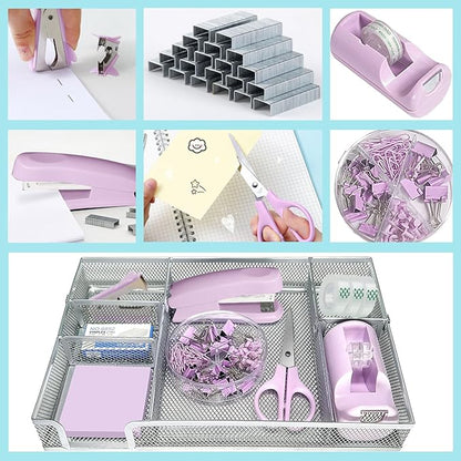Purple Office Desk Accessories,Purple Office Supplies Set,Stapler and Tape Dispenser Set,Tape,Staple Remover, Staples,Paper Clips,Scissor,Sticky Note and Desk Drawer Organizer