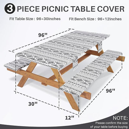 Picnic Table Cover with Bench Covers Fitted Waterproof Large Camping Tablecloth with Elastic for 8 Foot Tables Outdoor Travel RV Essentials Summer Vacation Accessories Fun Gifts for Couples