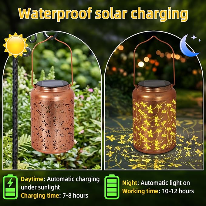 Solar Lantern Outdoor Waterproof, Gifts for Women Mom Grandma, Hanging Metal Light Dragonfly Garden Decor for Yard Patio Lawn