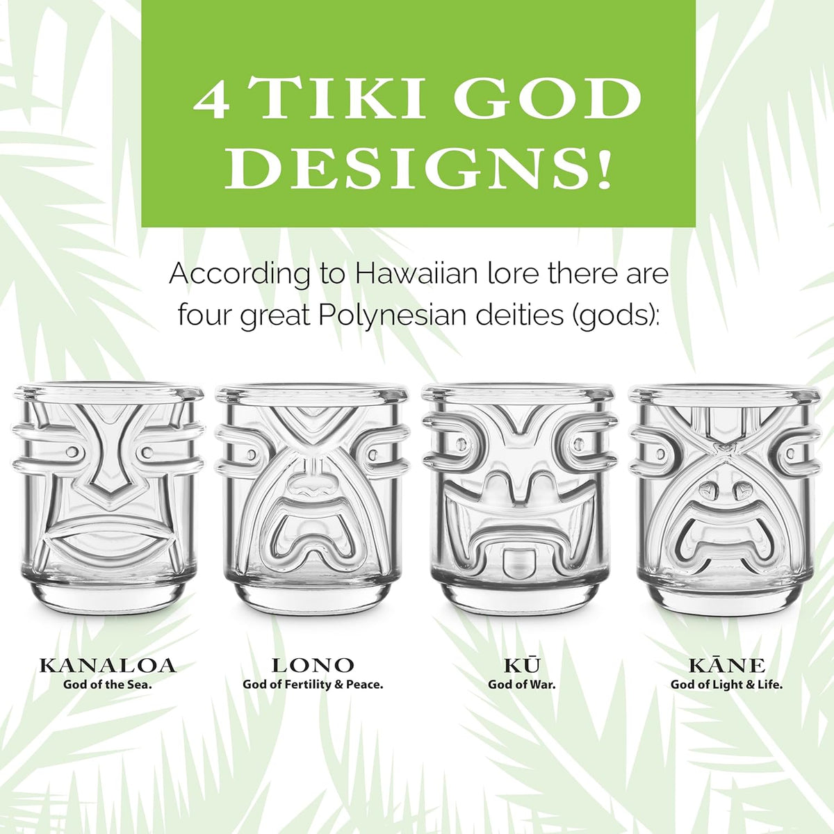 Final Touch Tiki Glasses Set of 4 - Kanaloa, Lono, Kū, Kāne Designs, 12 oz (355 ml), Clear, Stackable Totem Pole Storage