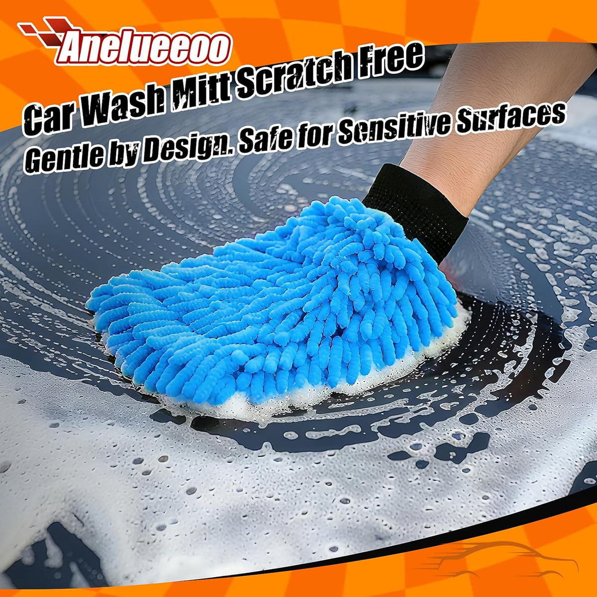 Car Wash Mitt Microfiber, Premium Chenille Microfiber Wash Car Mitts Sponge Scratch Free & Lint-Free, Mitts Waterproof Lining 4 Pack Blue (8''X12'')