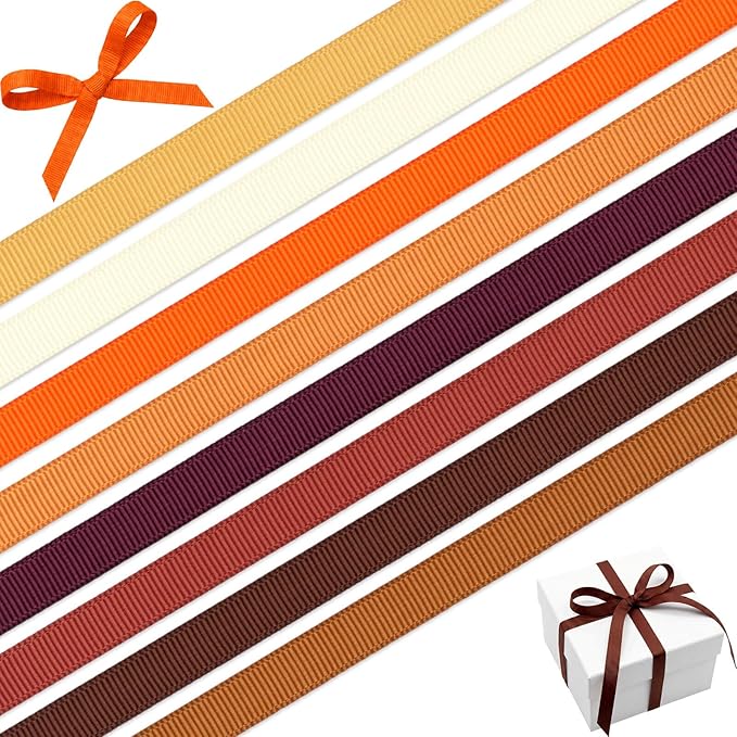 Fall 3/8 Inch Grosgrain Ribbon Set, 8 Pack x 3 Yards (24 Yards Total), Craft Ribbon for Thanksgiving Wreaths Autumn Decor Gift Wrapping and Harvest Party