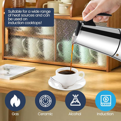 4 Cup Moka Pot Stainless Steel 200ml Italian Espresso Coffee Maker Stovetop CoffeeMakers Mocha Pot Percolator for Induction Stove Classic Cafe Makers