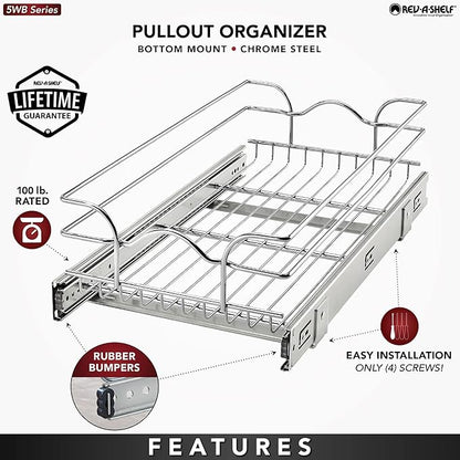 Rev-A-Shelf Pullout Kitchen Cabinet Drawer and Rolling Organizer Cabinet Pantry Storage Basket in Multiple Sizes, 12 x 22 in, 5WB1-1222CR-1