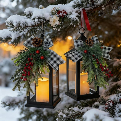 Christmas Decorative Lantern with LED Candle – Black Lantern with Pinecones, Black Bow – Battery Operated Christmas Table Centerpiece for Indoor Decor(1pack)
