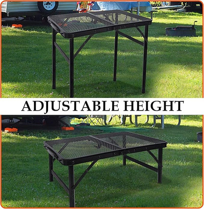 FORUP Small Folding Table, Camping Table with Mesh Desktop, Portable Picnic Table with Carry Handle, Height Adjustable Portable Grill Table for Outside Inside Use