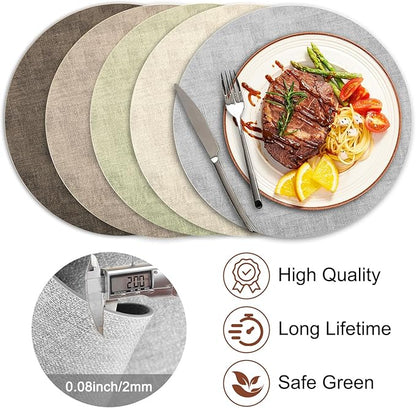 Round Faux Leather Placemats and Coasters, Set of 8, Reversible Heat Resistant Non-Slip Table Mats, Waterproof Wipeable Place Mats for Dining Table, Washable for Indoor & Outdoor (8, Light Grey)