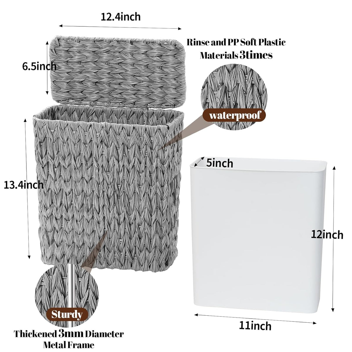 3 Gallon Wicker Trash Can,Grey Bathroom Trash Cans with Lid,Waterproof Slim Waste Basket for Bedroom,Home Office,Narrow Garbage Can with Removable Liner