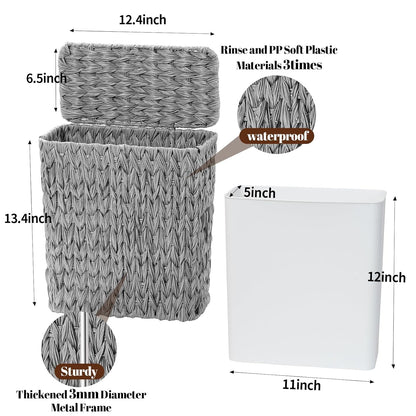 3 Gallon Wicker Trash Can,Grey Bathroom Trash Cans with Lid,Waterproof Slim Waste Basket for Bedroom,Home Office,Narrow Garbage Can with Removable Liner