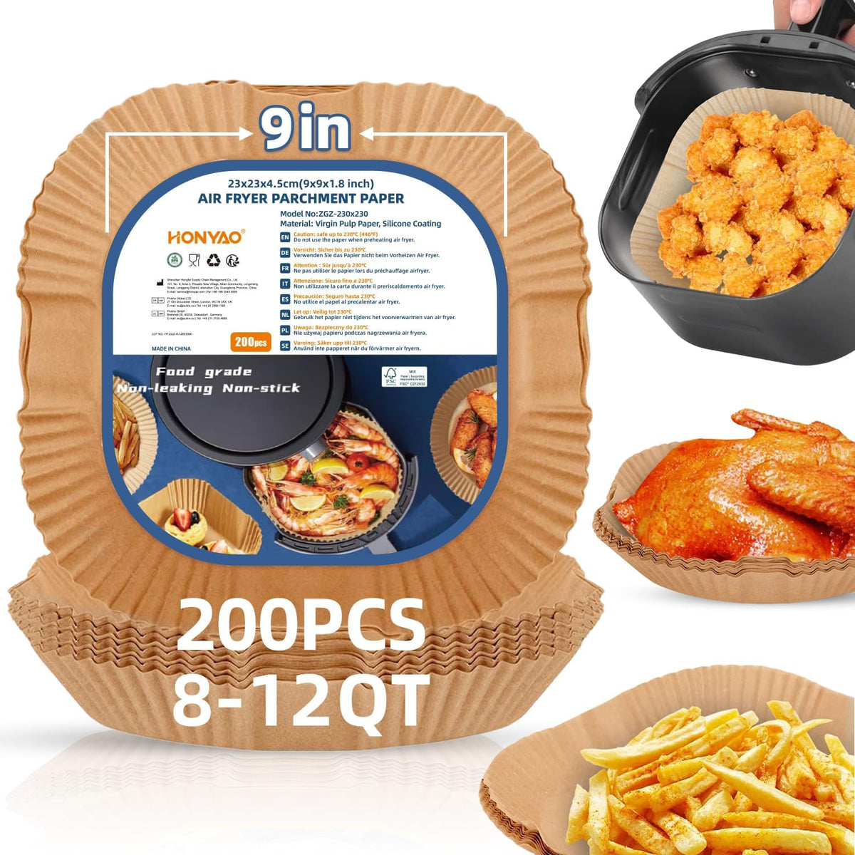 Air Fryer Paper Liners XXL for 8-12 Qt Airfryer, 200pcs 9-10 inch Square Thickened 50gsm Disposable Parchment Tray