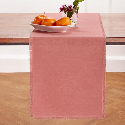 Solino Home Fringe Linen Table Runner 36 Inches - 100% Pure Linen Dusty Rose Table Runner 14 x 36 Inch Ideal for Dresser and Coffee Tables - Valentines, Spring, Easter