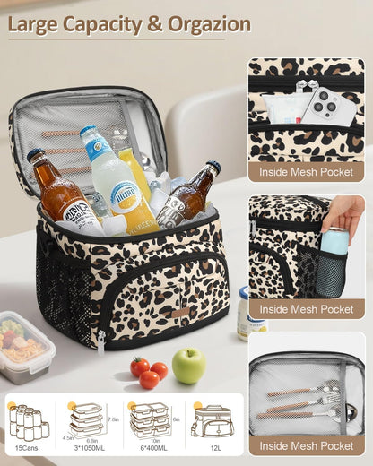 Lunch Box for Man Women, Insulated Lunch Bag Cooler Bag Leakproof Lunchbox Lunch Tote Bags with Removable Strap for Work School Picnic Travel (Leopard/12L