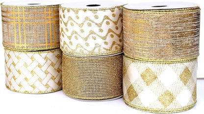 Gold Ribbon Wired Easter Ribbons for Baskets 2.5 Inch 6 Rolls 36 Yards Burlap Basket Organza Sheer Mesh Metallic Glitter Crafts Decorating Gift Wrapping Bows Wrap Bow Christmas Tree Topper Wreath