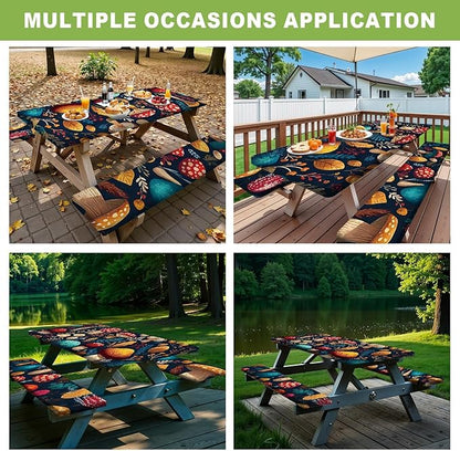 ANNA QUEEN 6FT Mushrooms Picnic Table Cover with Bench Covers Picnic Table Cover Set 3PCS 72"x30", Outdoor Bench and Tablecloth Furniture Protection