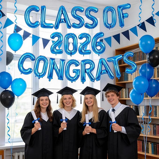 Blue Class of 2026 Congrats Balloons, 2026 Graduation Decorations 16inch Congrats Grad Foil Balloons Banner Sign for Class of 2026 College High School Graduation Prom Party Backdrop Supplies