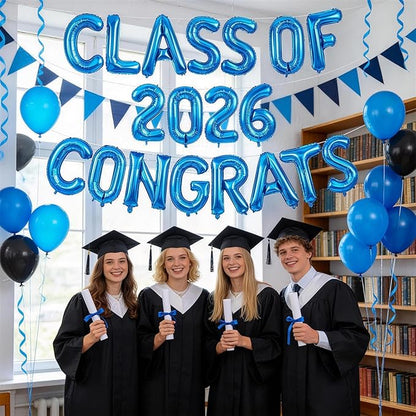 Blue Class of 2026 Congrats Balloons, 2026 Graduation Decorations 16inch Congrats Grad Foil Balloons Banner Sign for Class of 2026 College High School Graduation Prom Party Backdrop Supplies