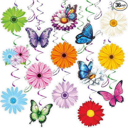 Flower Hanging Swirl Decorations - 36 Pcs Spring Floral Butterflies Ceiling Hanging Streamers for Spring Summer Garden Office Classroom Decorations Supplies