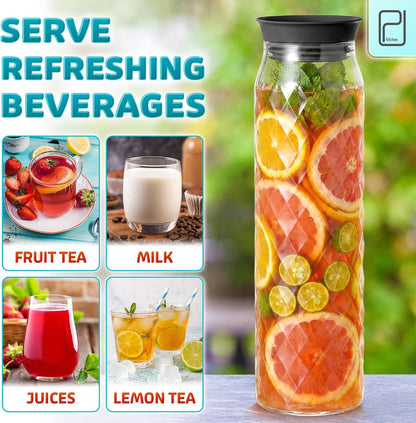 PJC-Kitchen Borosilicate Glass Pitcher with Lid - 1.2 L / 41 oz Water Jug | Durable borosilicate glass carafe for hot / cold beverages -4 °F to 302 °F, spill-proof lid with filter, dishwasher safe
