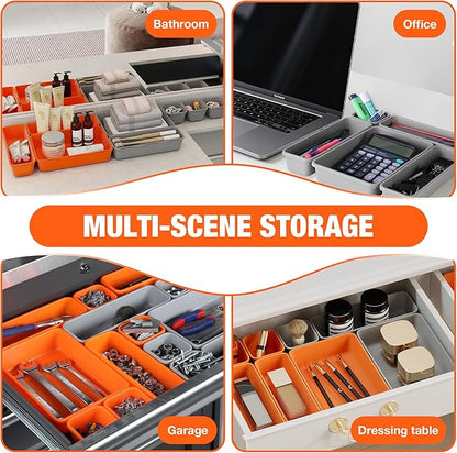 ValueMax 21 PCS Desk Drawer Organizer Set, PP Material Interlocking Drawer Organizer Bins for Office, Vanity, Garage and Bathroom, Non-Silp and Two-Tone Stackable Design, Orange & Gray