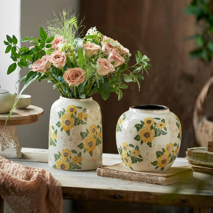 Vintage Ceramic Vase, 7.9 Inch Chinoiserie Sunflower Yellow Floral Vases, Retro Ice Cracked Rustic Antique Flower Vases for Modern Coffee Table Home