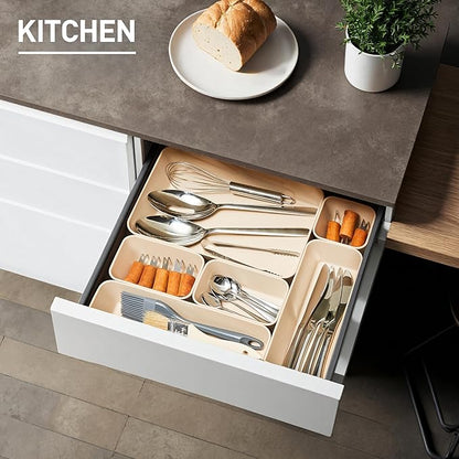 ISSEVE 8Pcs Nesting Silicone Drawer Organizer Trays, 4 Size Versatile Vanity Bathroom & Desk Drawer Organizer Set Storage Bins for Office,Kitchen,Nightstand,White