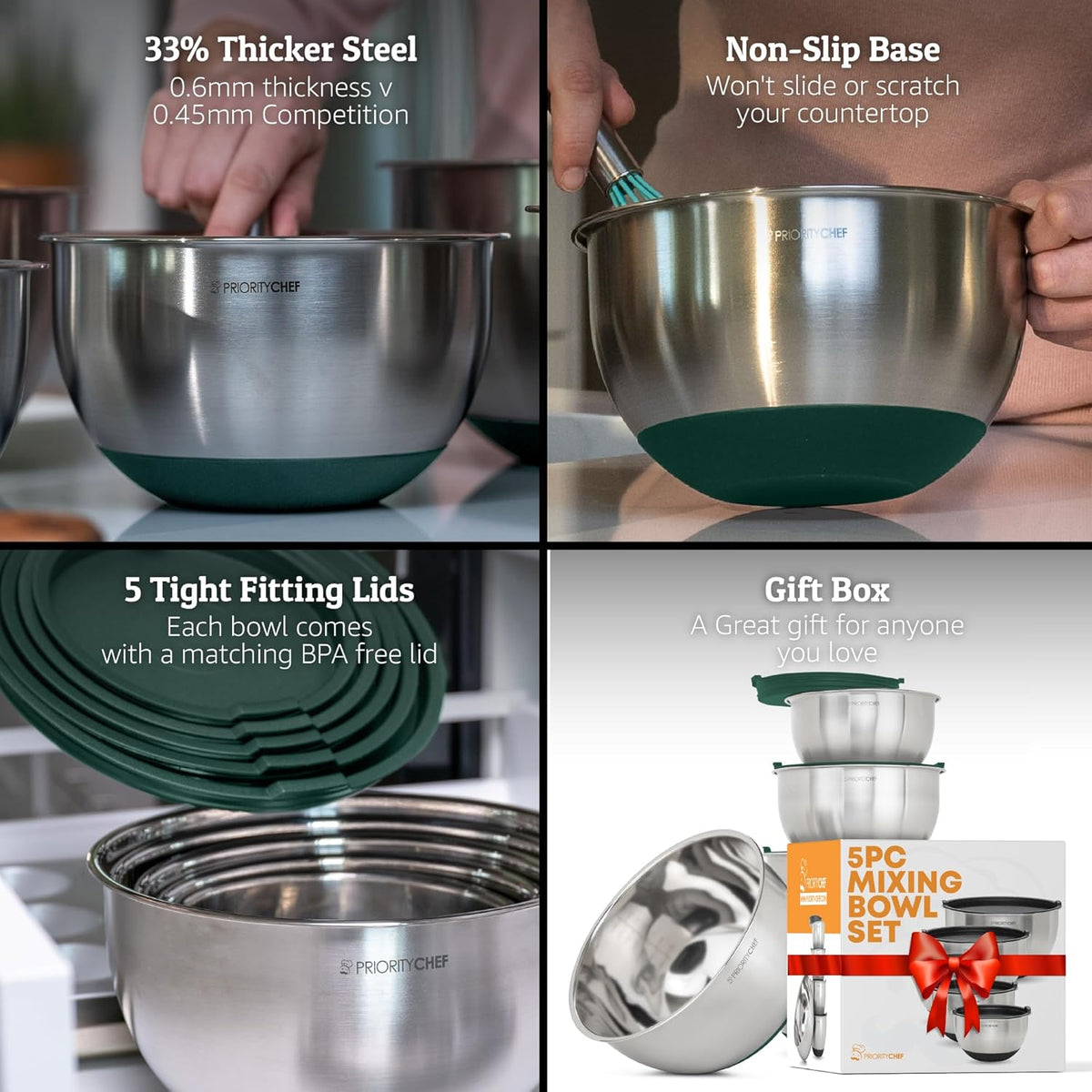 Priority Chef Premium Mixing Bowls With Airtight Lids Set, Thicker Stainless Steel Mixing Bowl Set, Large Prep Metal Bowls with Lids