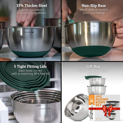 Priority Chef Premium Mixing Bowls With Airtight Lids Set, Thicker Stainless Steel Mixing Bowl Set, Large Prep Metal Bowls with Lids
