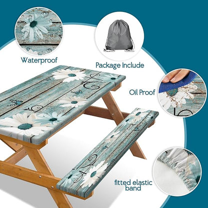 Rustic Daisy Picnic Table Cover with Bench Covers, Waterproof Farmhouse Vintage Floral on Wooden Board Teal Sunflowers Tablecloth for Camping Indoor Outdoor Party Decorations, 30X72in