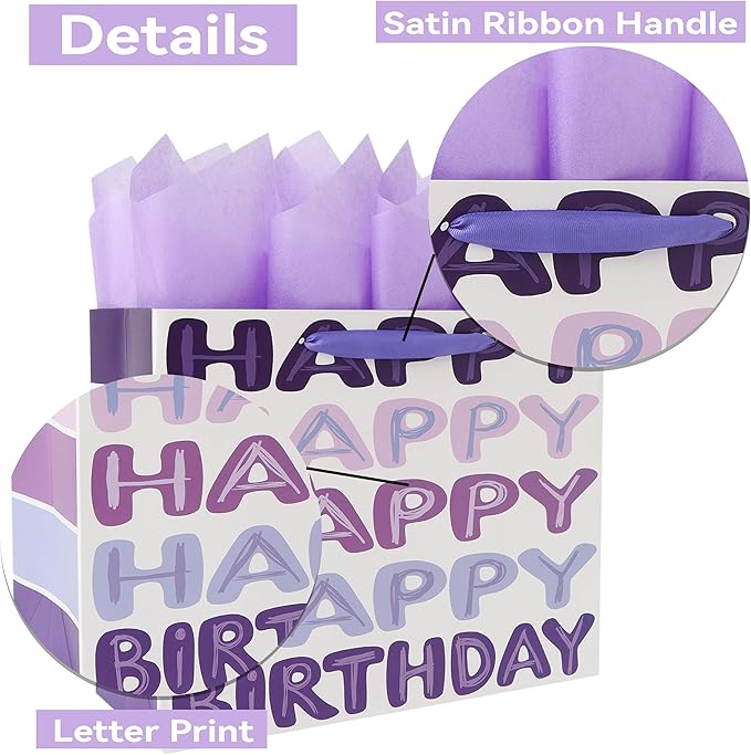 Qirrmiy 13'' Large Purple Happy Birthday Gift Bag Set with Handles, Greeting Card, Tissue Papers and Stickers for Women Girls Kids Teens, Words Design, 1 Pcs