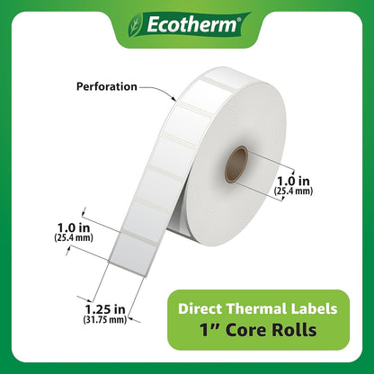 1.25" x 1" Thermal Labels | 6 Rolls | 14040 Labels | fits Zebra, Godex, Arkscan, iDPRT, Offnova Thermal Label Printers and More | Blank White Adhesive Stickers by Ecotherm
