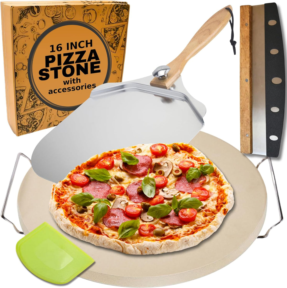 Round Pizza Stone for Oven 16 inch - Large Pizza Stone with Handles, Metal Pizza Peel, Pizza Cutter and Dough Tool - Baking Stone for Oven Bread