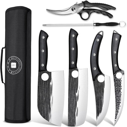TIVOLI Professional Butcher Knife Set for Meat Processing, 7Pcs High Carbon Steel Hand Forged BBQ Knife Sets, Serbian Chef Knife Set with Ergonomic Handle for Kitchen Outdoor Cooking Father's Day Gift